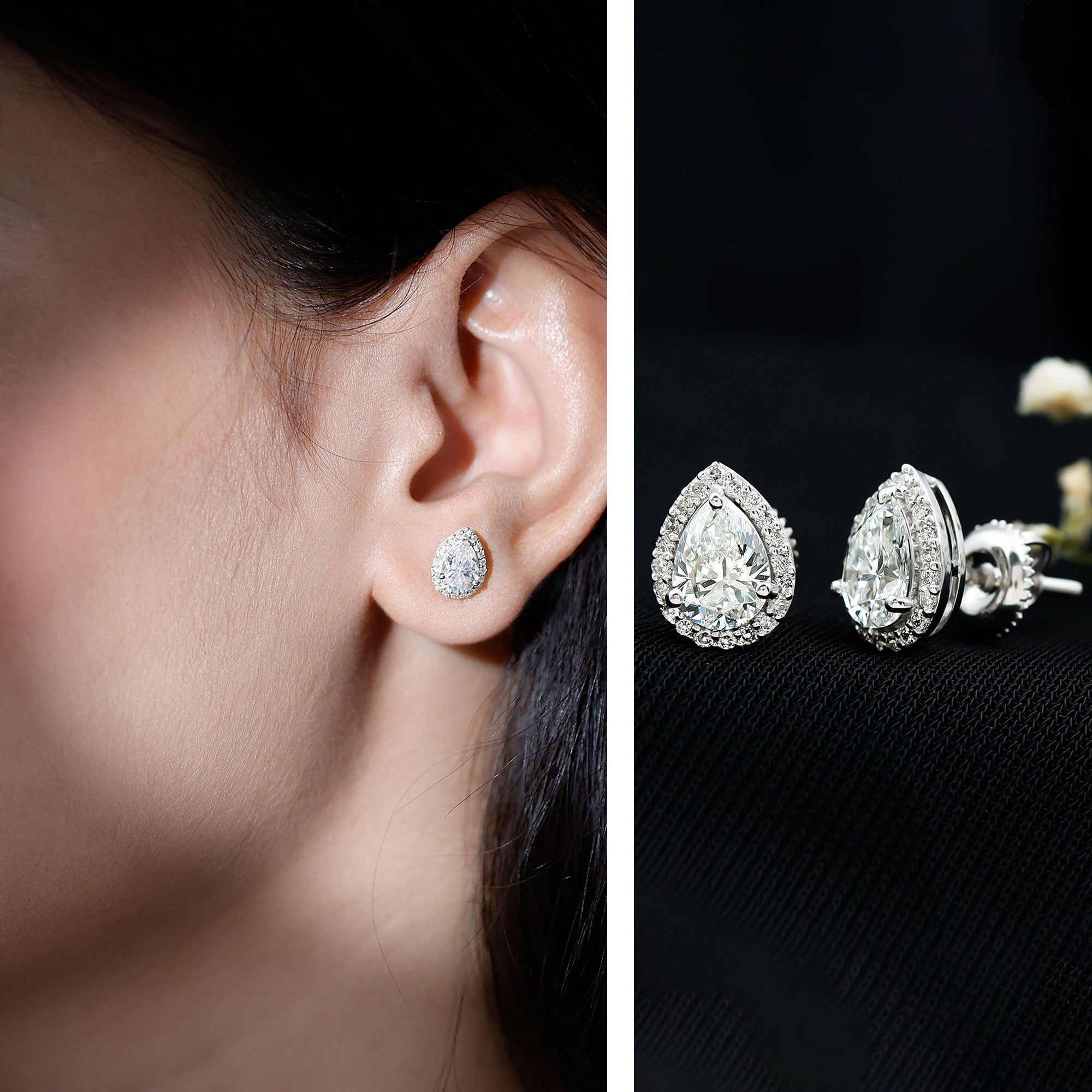 Cubic Zirconia Stud Earrings – Pear Cut Zirconia Halo Stud Earrings in White Gold