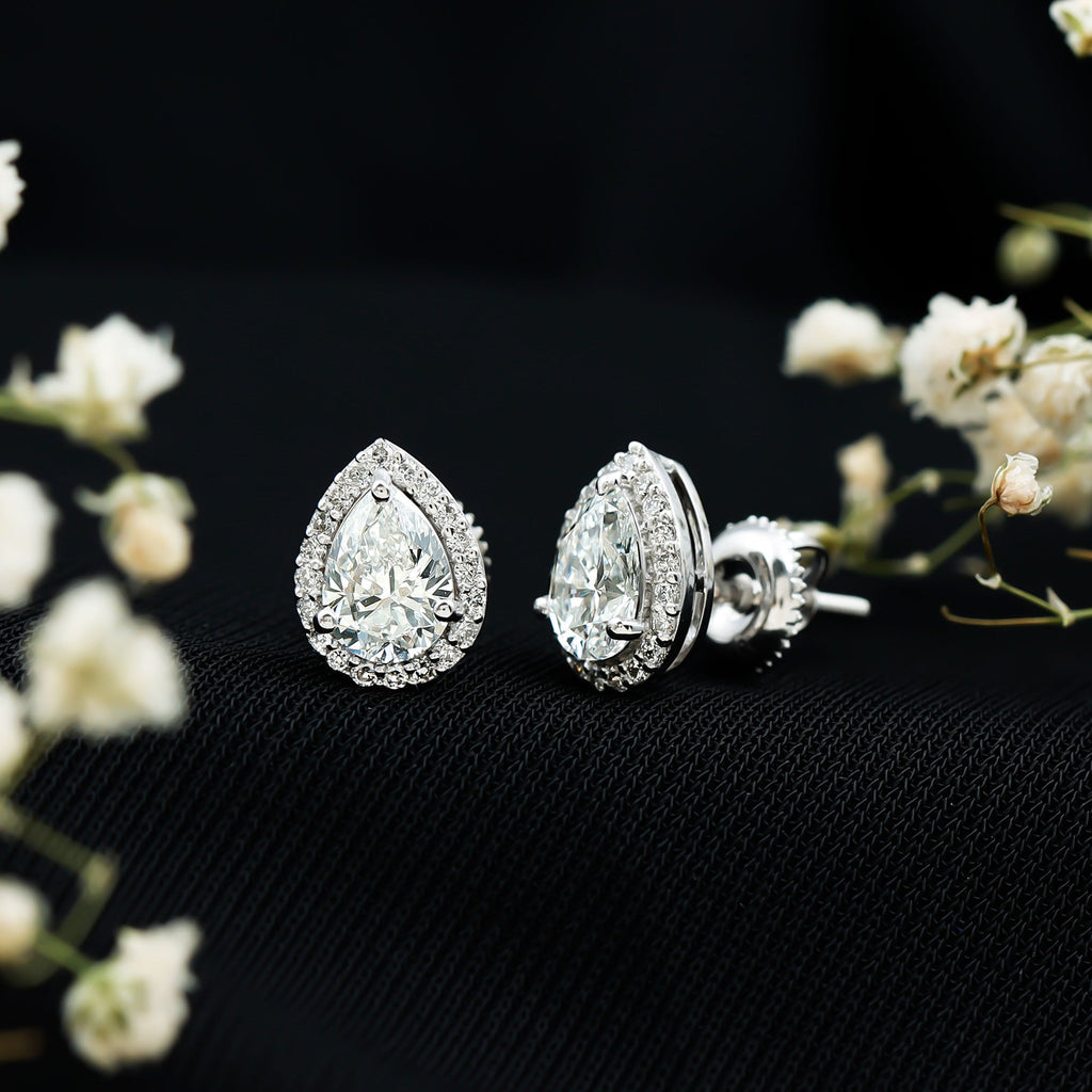Cubic Zirconia Stud Earrings – Pear Cut Zirconia Halo Stud Earrings in White Gold