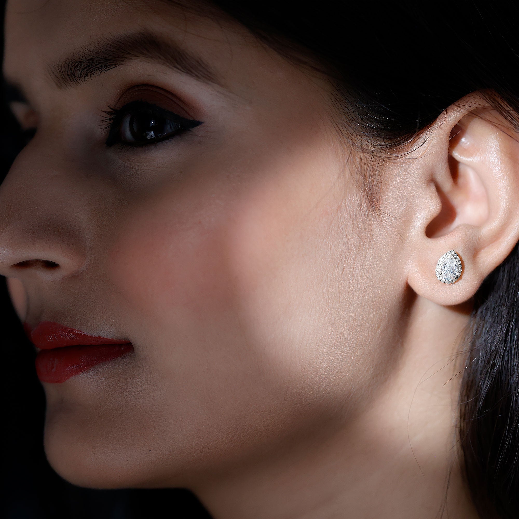 Cubic Zirconia Stud Earrings – Pear Cut Zirconia Halo Stud Earrings in White Gold