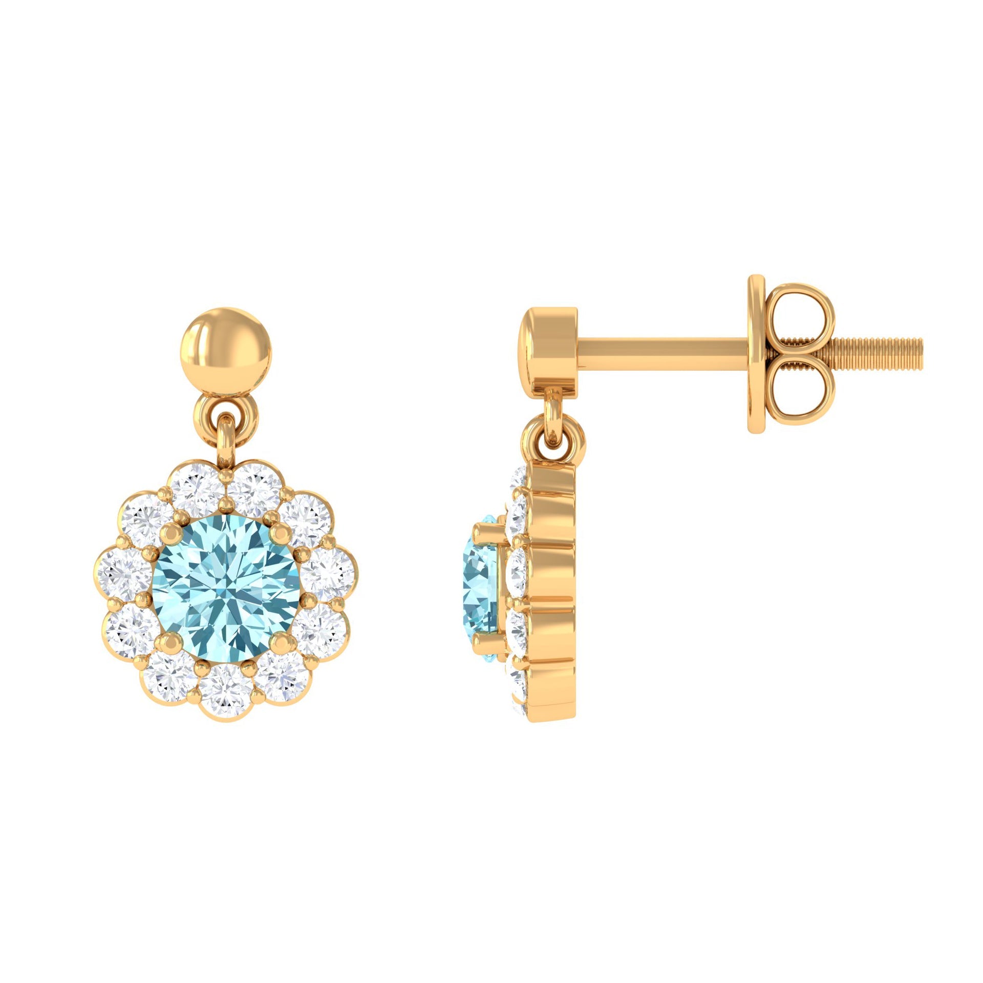 Aquamarine Drop Earrings – Diamond Halo Earrings With Gold Prong Setting