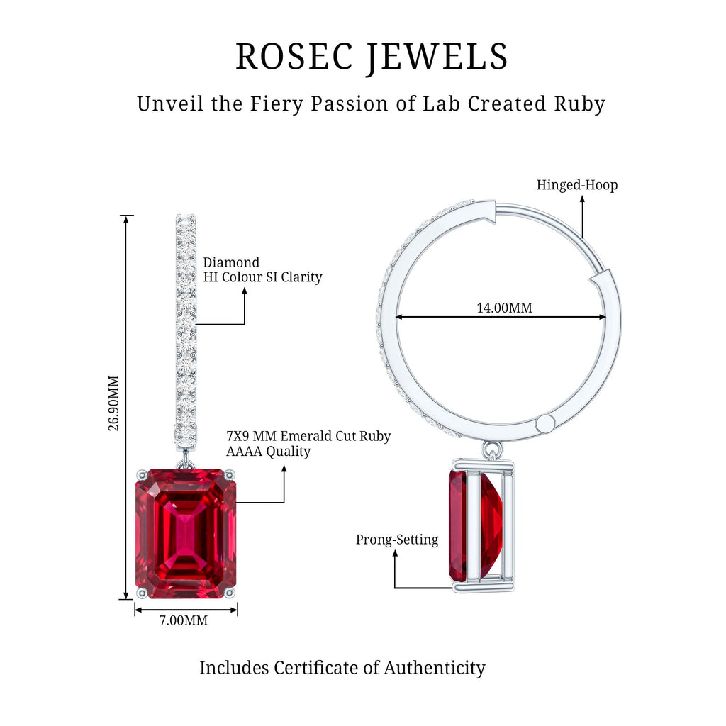 Emerald Cut Lab Created Ruby and Diamond Hoop Drop Earrings