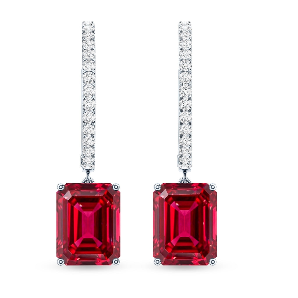 Emerald Cut Lab Created Ruby and Diamond Hoop Drop Earrings