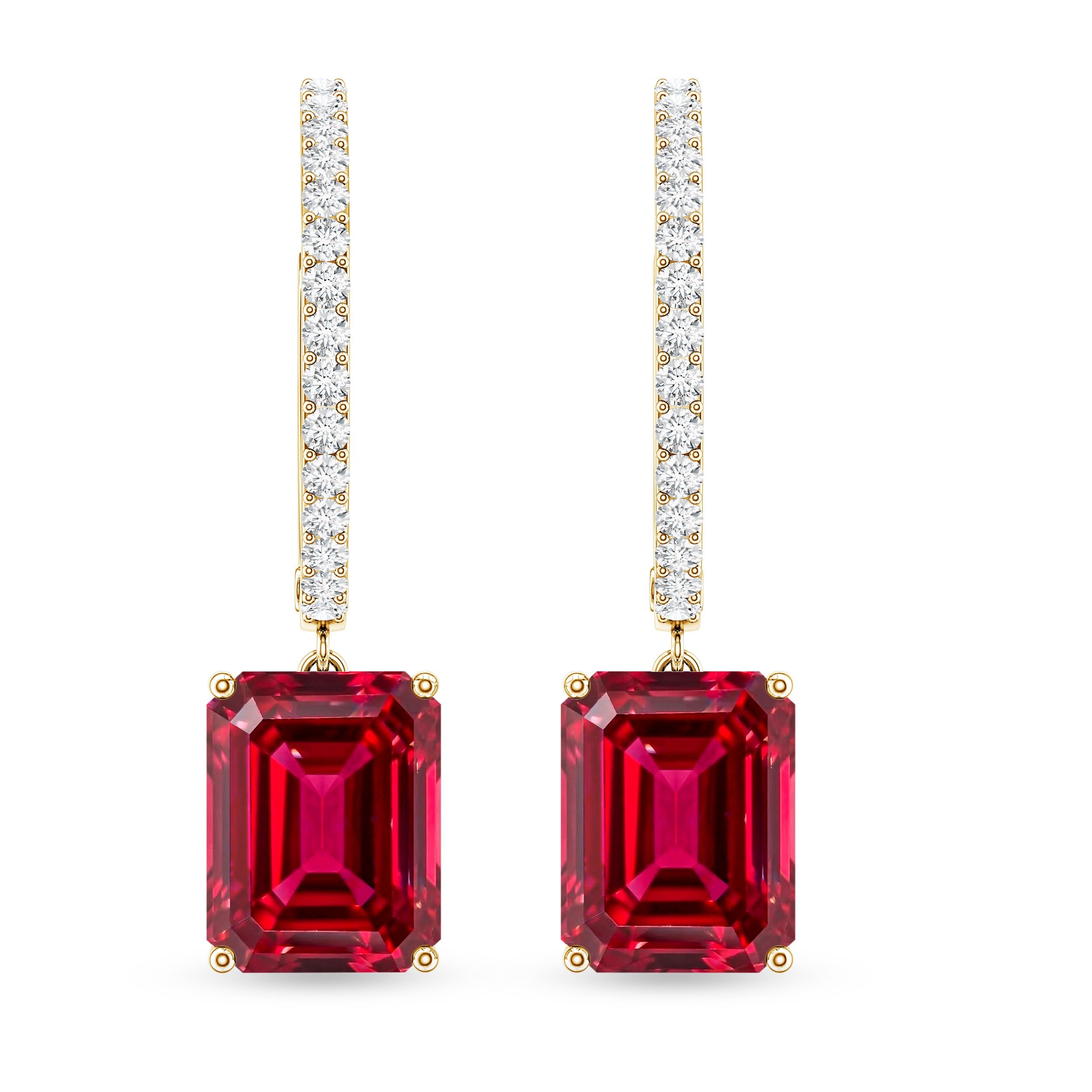 Emerald Cut Lab Created Ruby and Diamond Hoop Drop Earrings