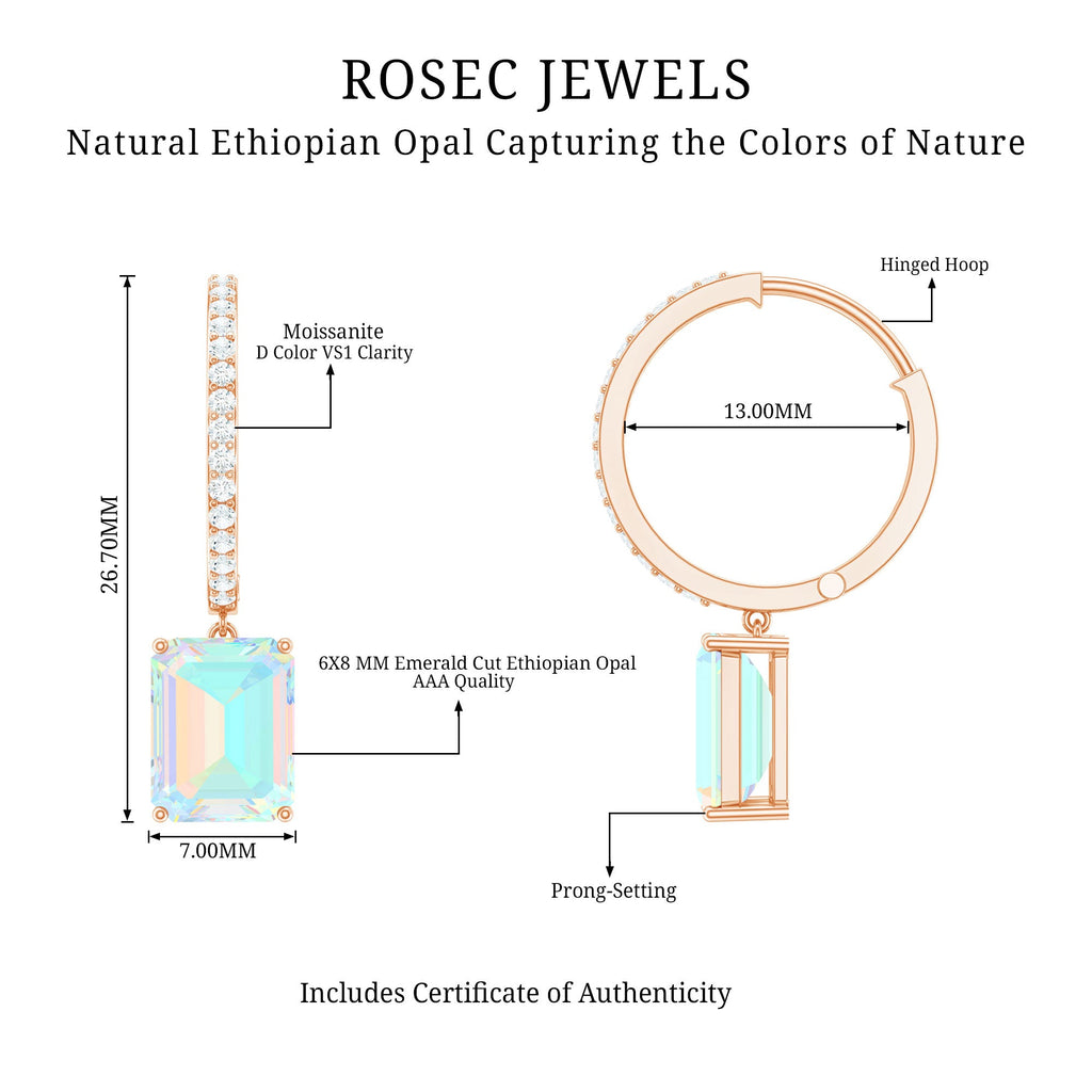 Genuine Emerald Cut Ethiopian Opal Drop Hoop Earrings