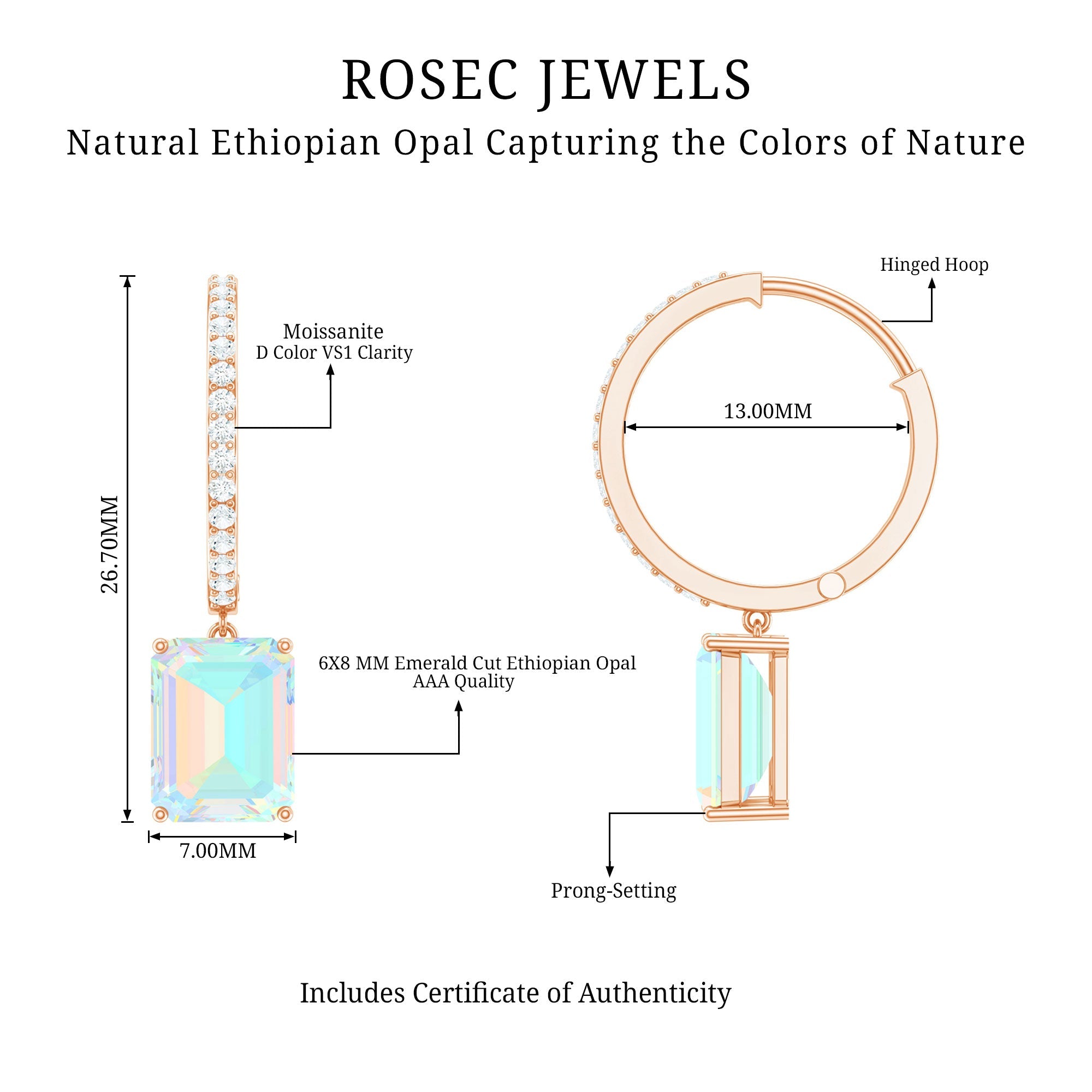 Genuine Emerald Cut Ethiopian Opal Drop Hoop Earrings