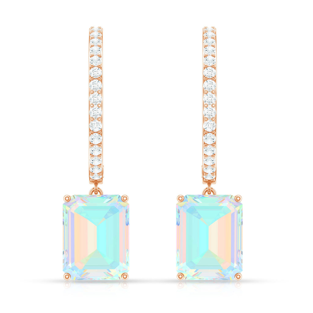 Genuine Emerald Cut Ethiopian Opal Drop Hoop Earrings