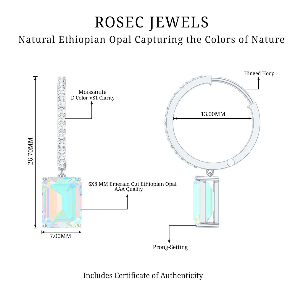Genuine Emerald Cut Ethiopian Opal Drop Hoop Earrings