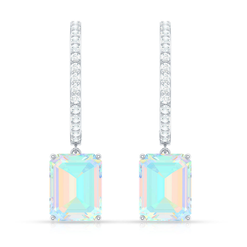 Genuine Emerald Cut Ethiopian Opal Drop Hoop Earrings