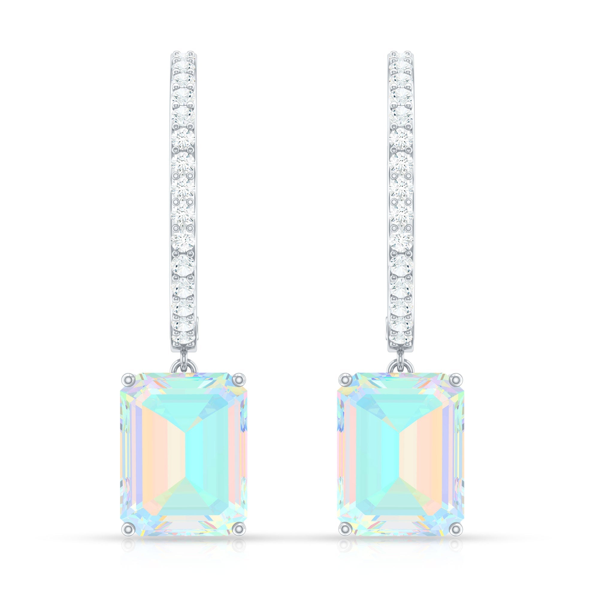 Genuine Emerald Cut Ethiopian Opal Drop Hoop Earrings