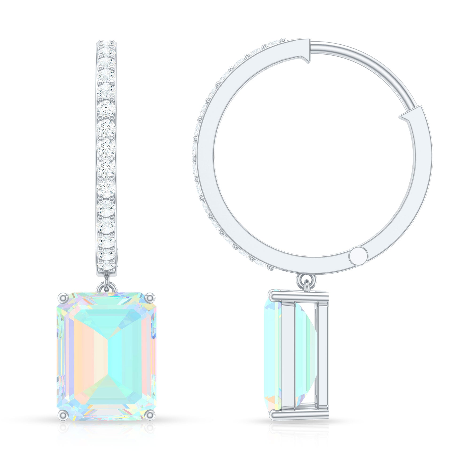 Genuine Emerald Cut Ethiopian Opal Drop Hoop Earrings