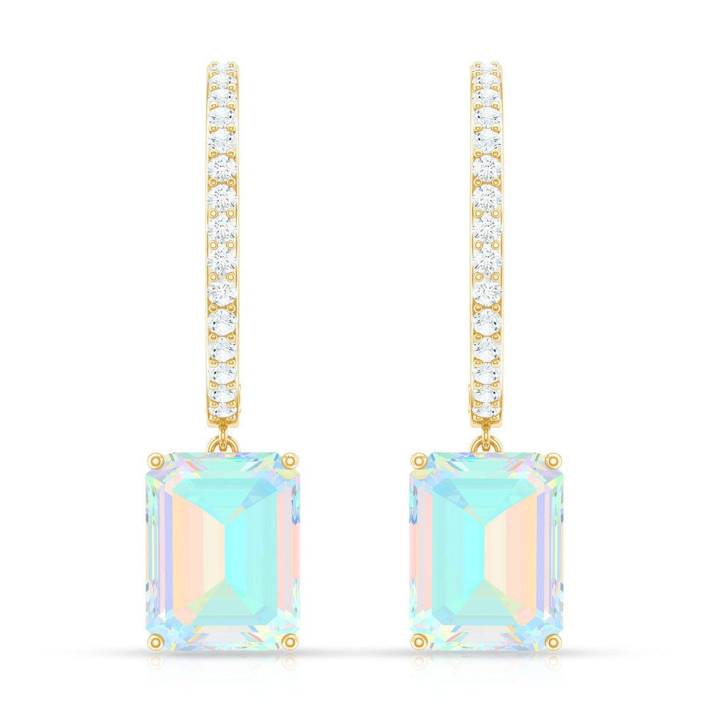 Genuine Emerald Cut Ethiopian Opal Drop Hoop Earrings