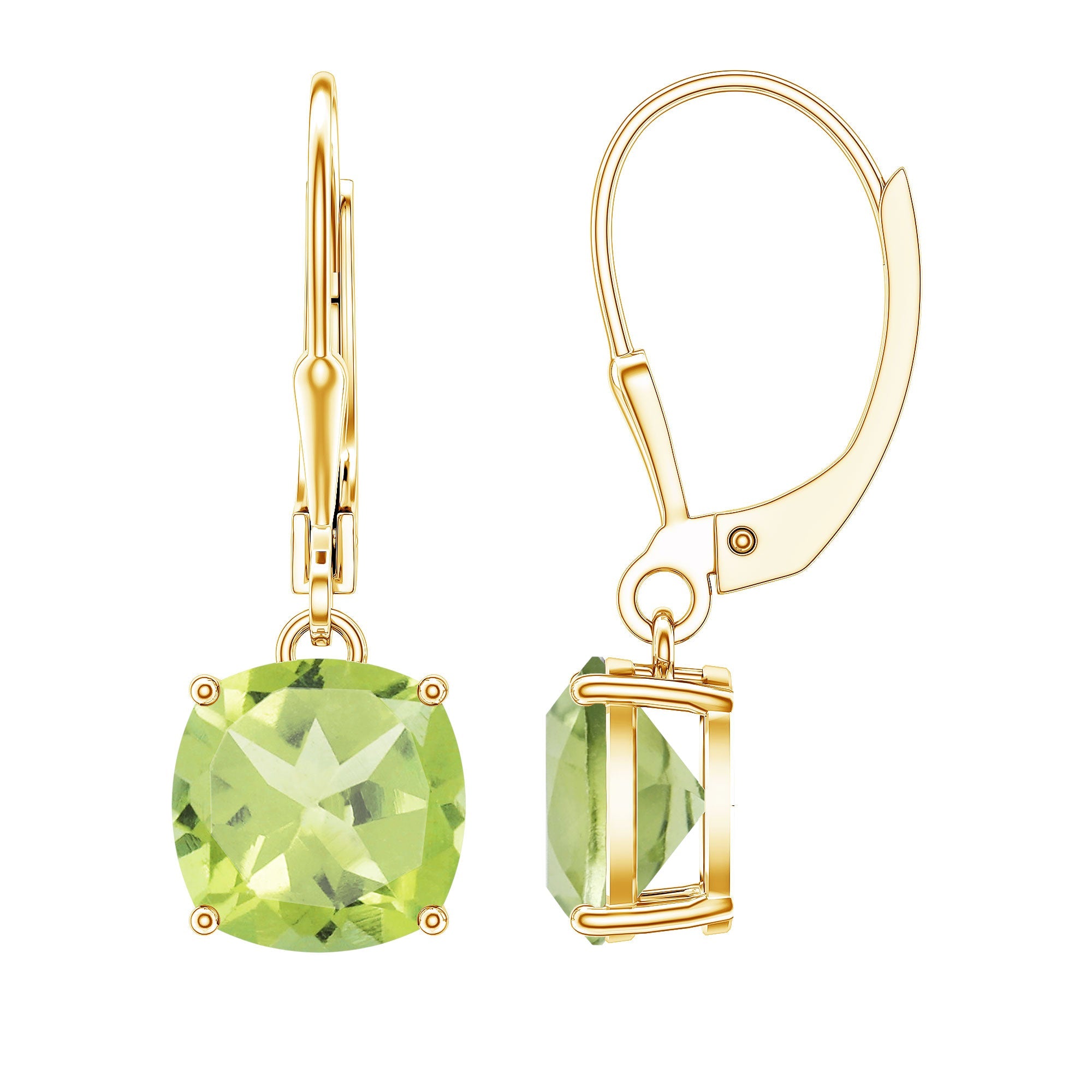 Peridot Drop Earrings – 4 Carat Cushion Cut Solitaire with Leverback Closure