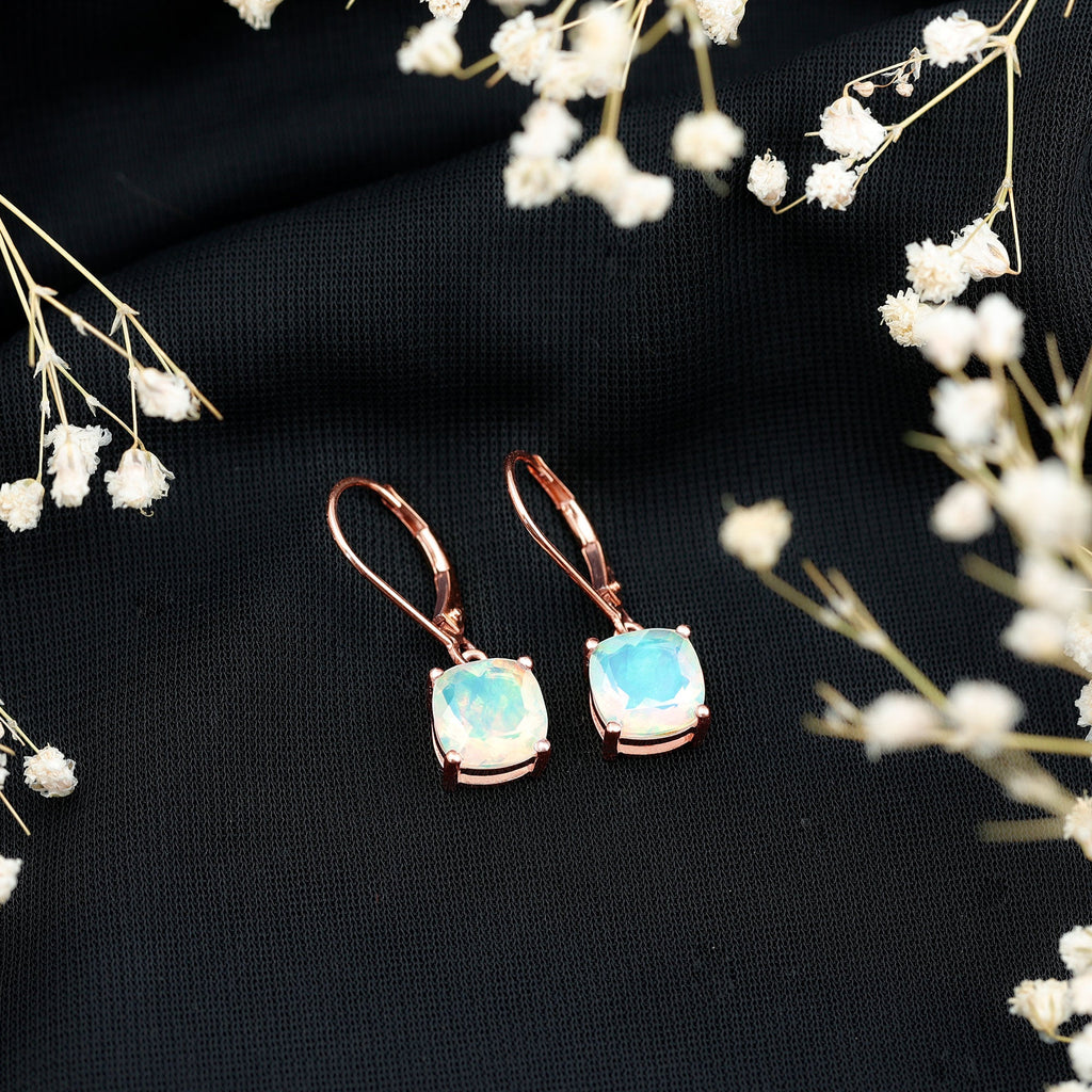 Ethiopian Opal Earrings – Cushion Cut Opal Drop With Lever Back Closure