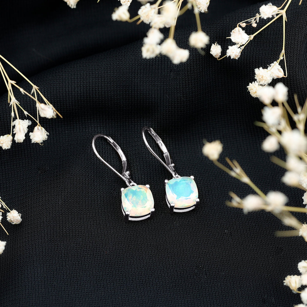 Ethiopian Opal Earrings – Cushion Cut Opal Drop With Lever Back Closure