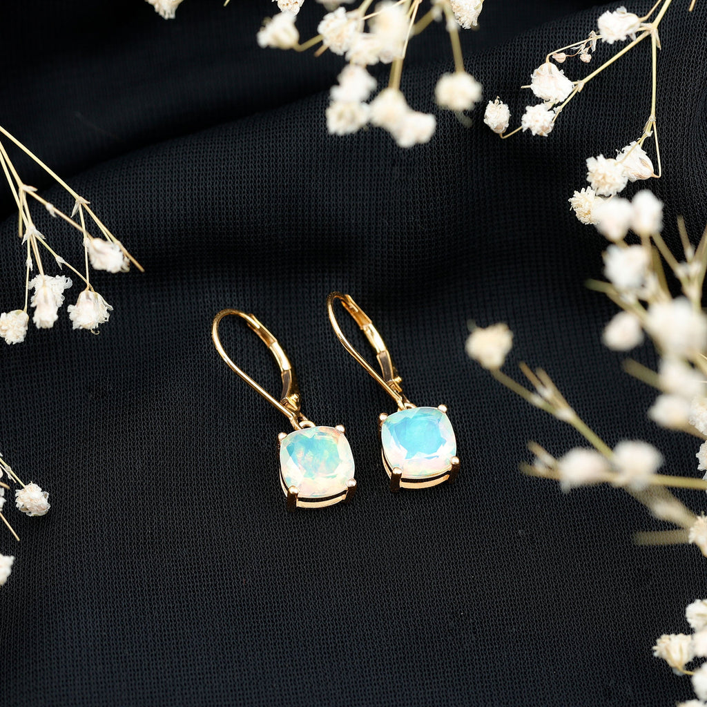 Ethiopian Opal Earrings – Cushion Cut Opal Drop With Lever Back Closure