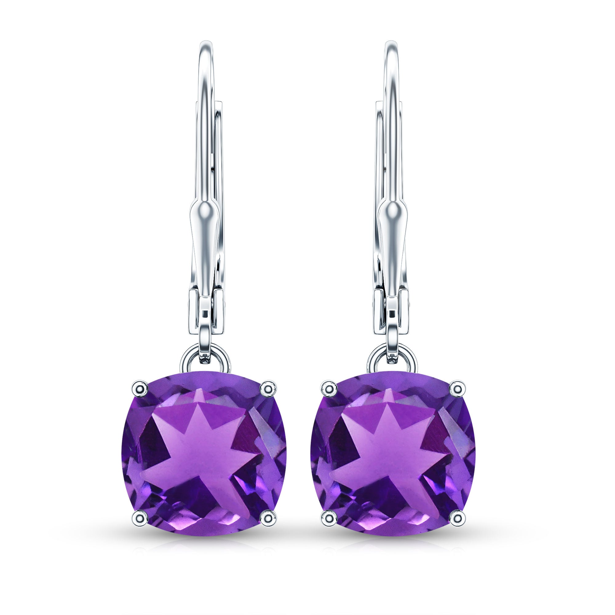 Natural 4.2 Carat Cushion Cut Amethyst Drop Earrings with Lever Back
