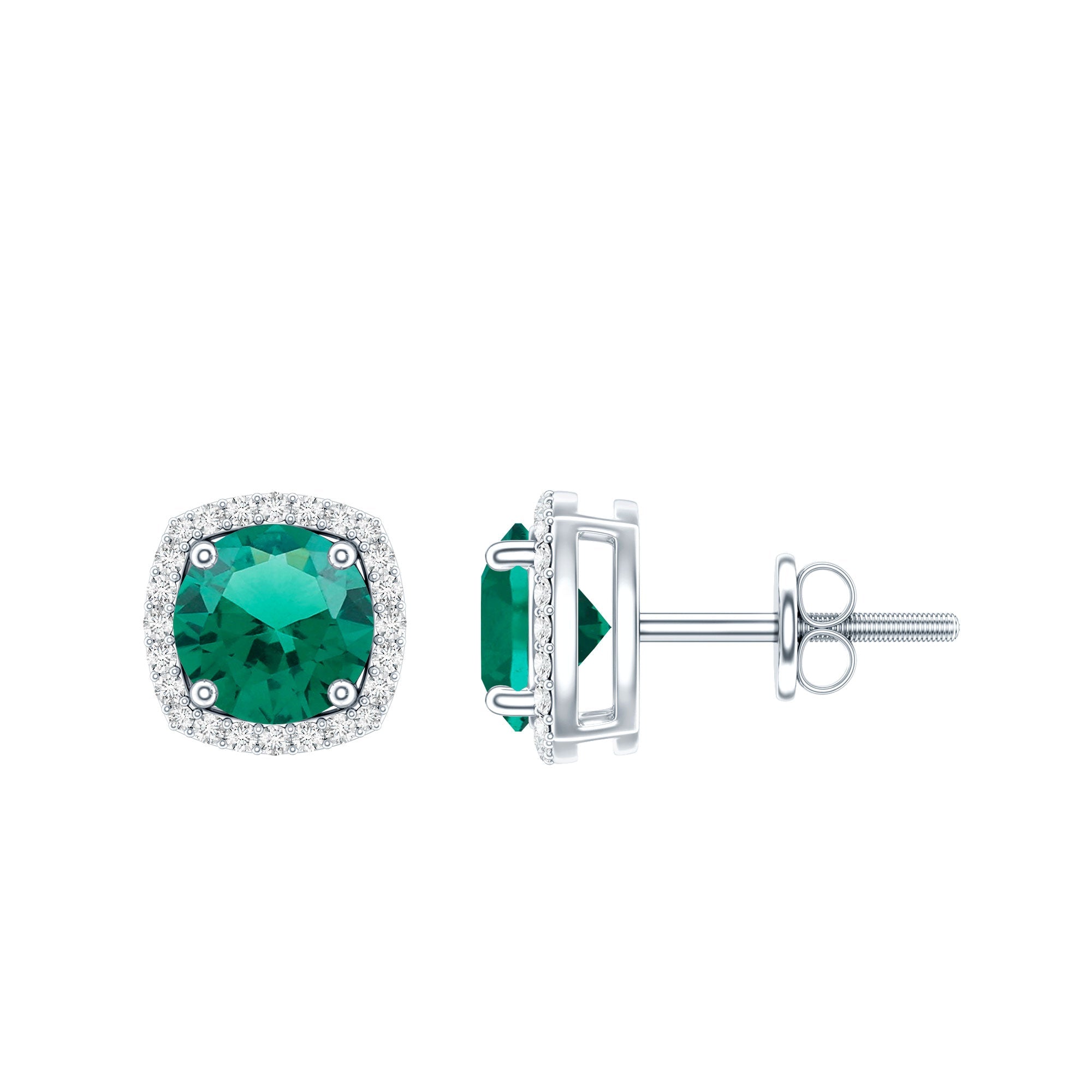 Lab Grown Emerald Earrings – Classic Halo Stud with 6mm Round Cut Moissanite