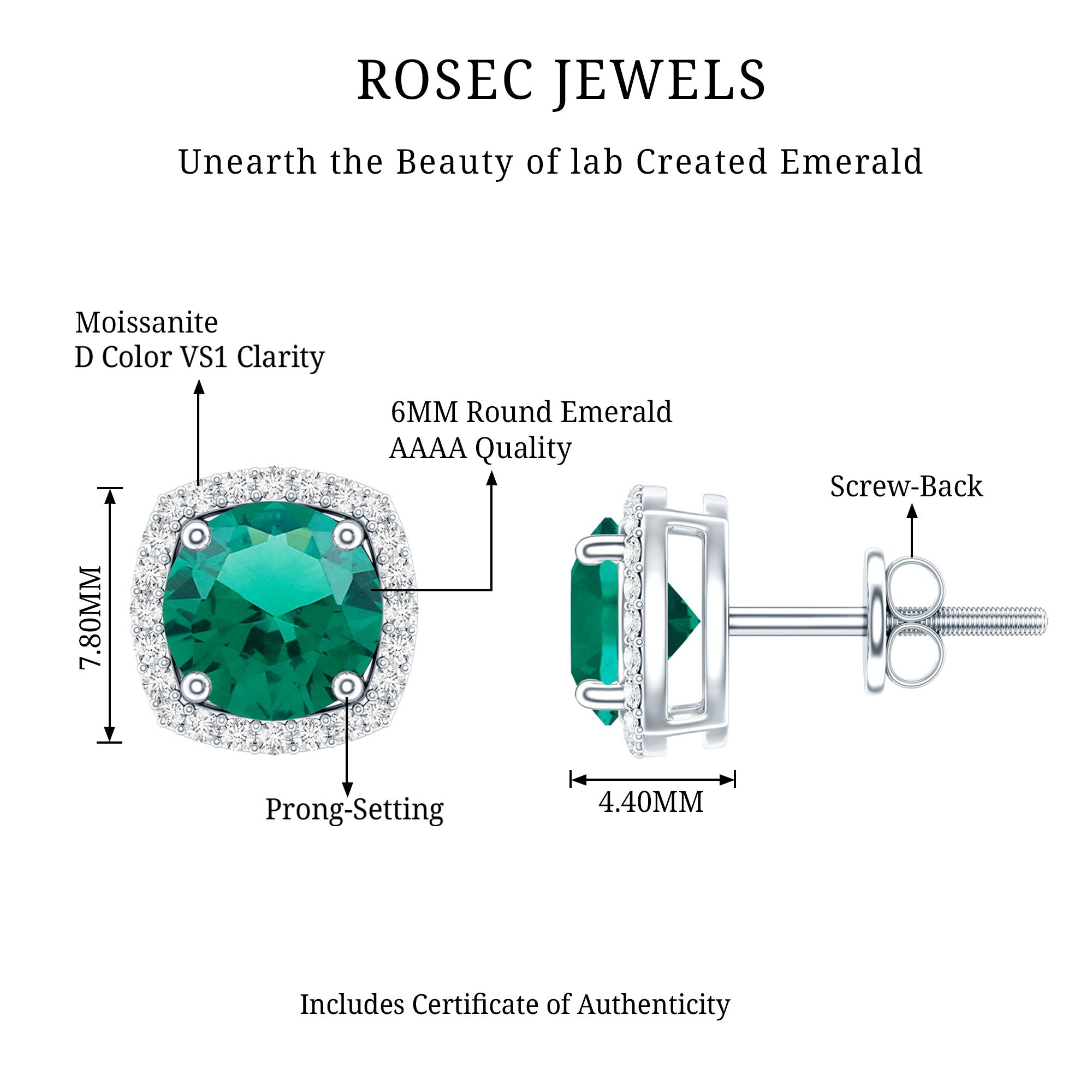 Lab Grown Emerald Earrings – Classic Halo Stud with 6mm Round Cut Moissanite