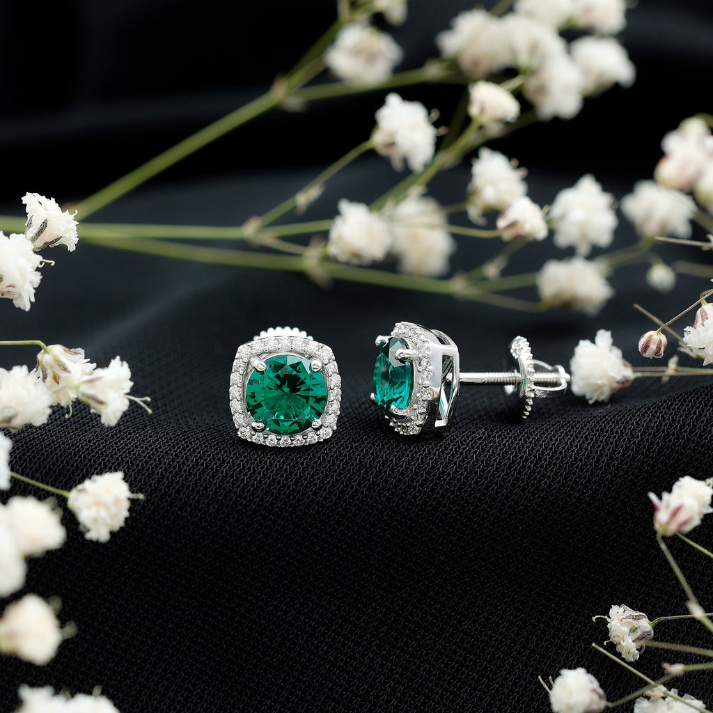 Lab Grown Emerald Earrings – Classic Halo Stud with 6mm Round Cut Moissanite