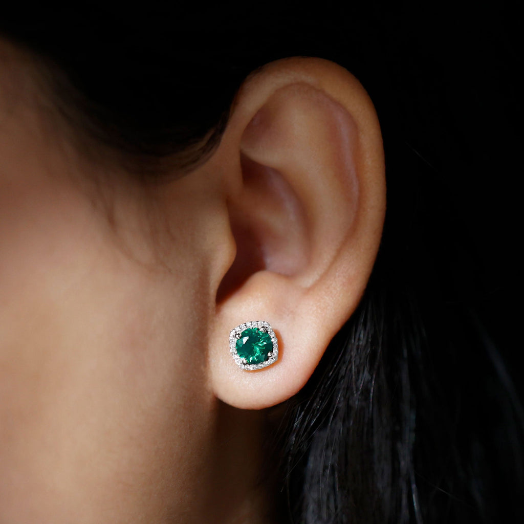 Lab Grown Emerald Earrings – Classic Halo Stud with 6mm Round Cut Moissanite