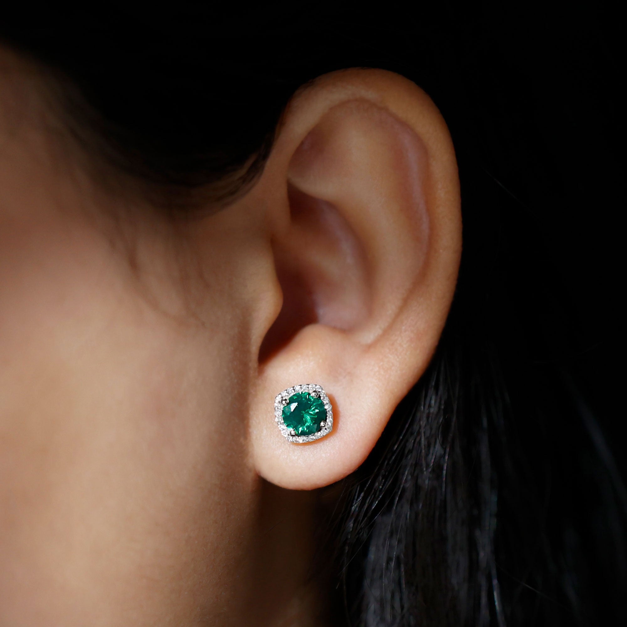 Lab Grown Emerald Earrings – Classic Halo Stud with 6mm Round Cut Moissanite