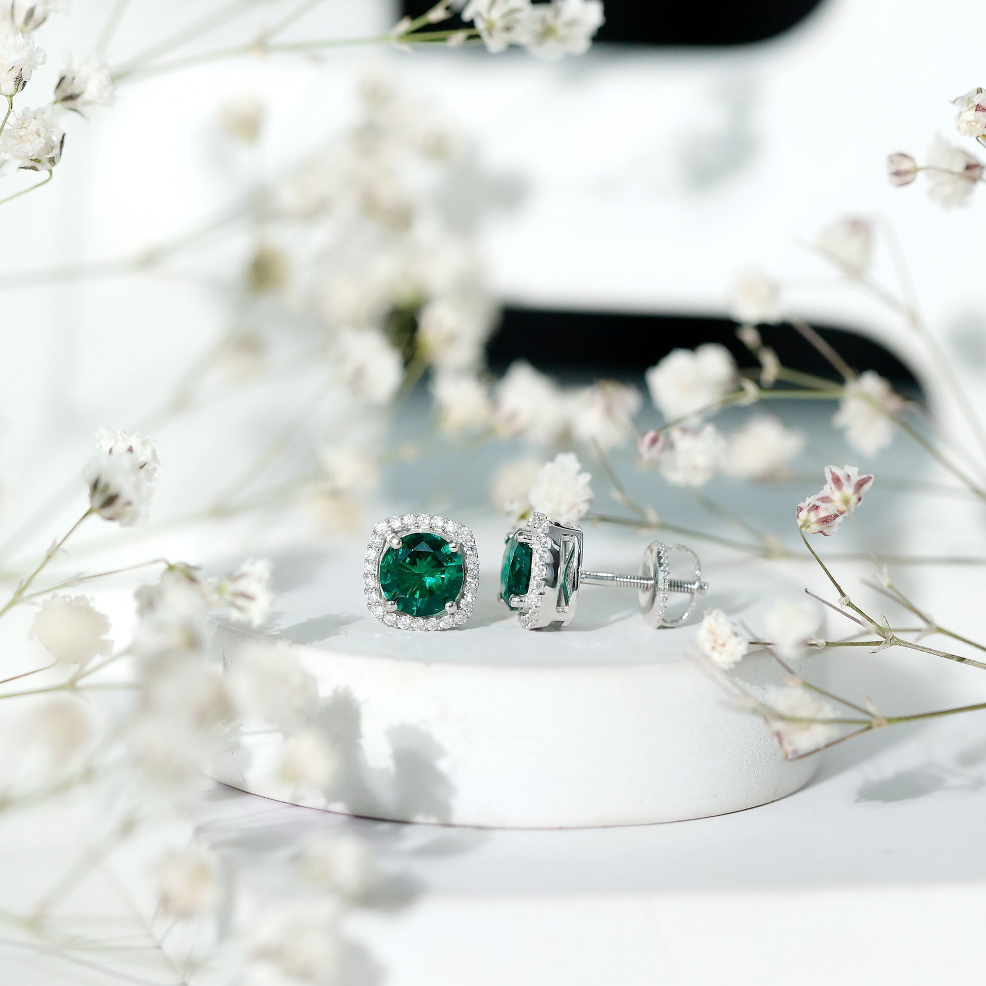 Lab Grown Emerald Earrings – Classic Halo Stud with 6mm Round Cut Moissanite