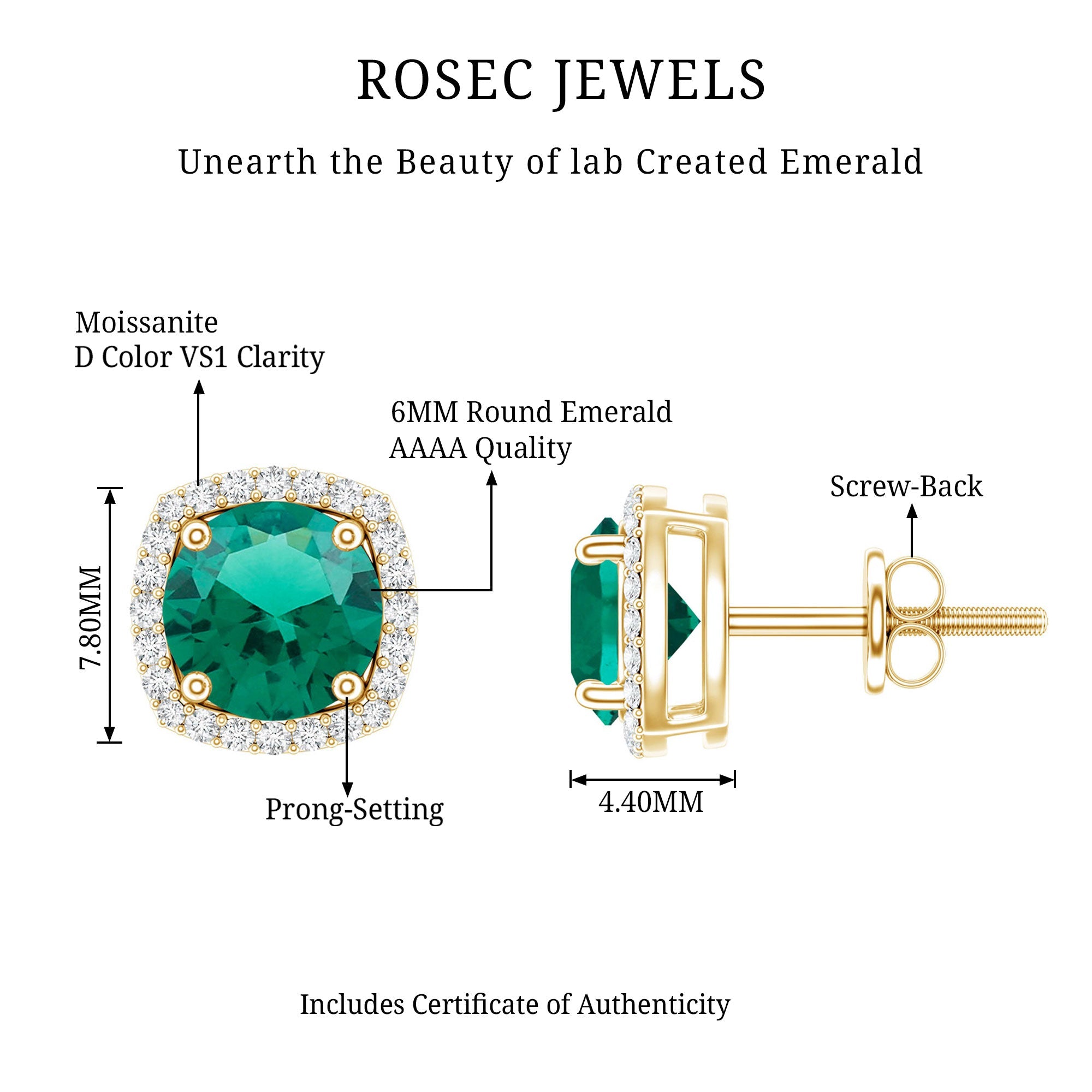 Lab Grown Emerald Earrings – Classic Halo Stud with 6mm Round Cut Moissanite
