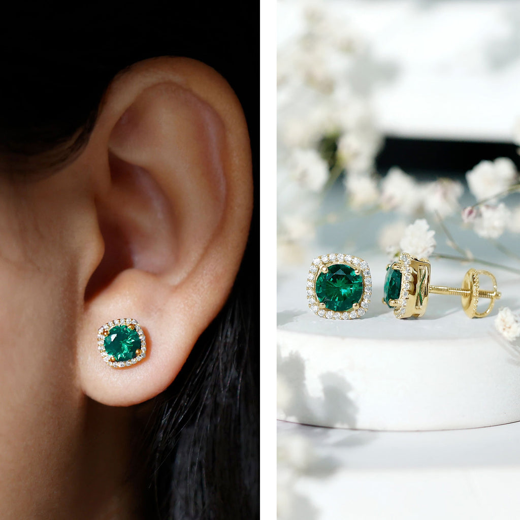 Lab Grown Emerald Earrings – Classic Halo Stud with 6mm Round Cut Moissanite