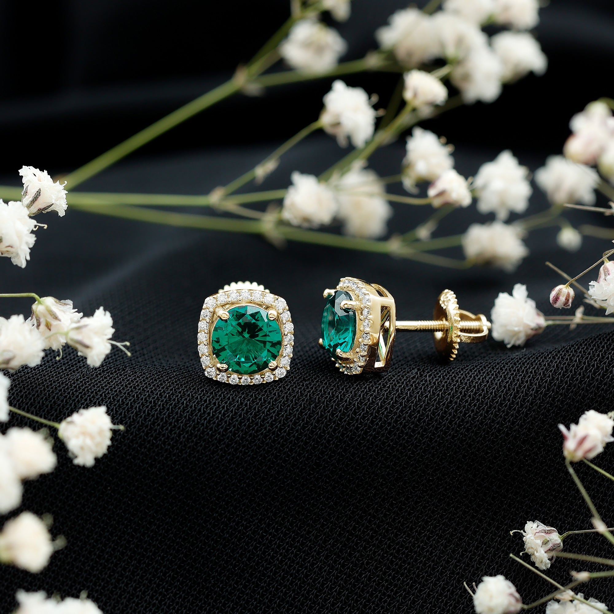 Lab Grown Emerald Earrings – Classic Halo Stud with 6mm Round Cut Moissanite