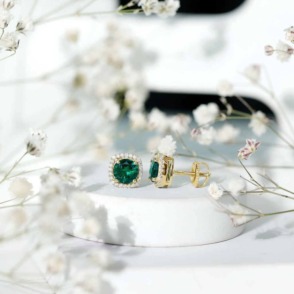 Lab Grown Emerald Earrings – Classic Halo Stud with 6mm Round Cut Moissanite