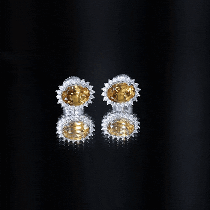 Citrine Stud Earrings – 2 Carat Oval Halo Stud Earrings in White Gold Plated Silver