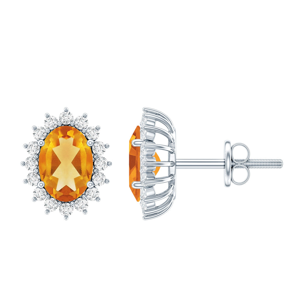 Citrine Stud Earrings – 2 Carat Oval Halo Stud Earrings in White Gold Plated Silver