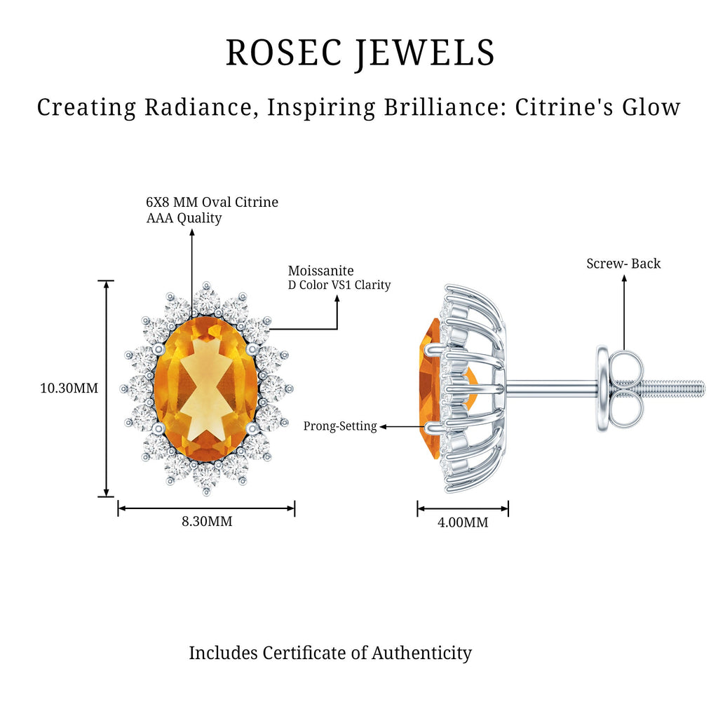 Citrine Stud Earrings – 2 Carat Oval Halo Stud Earrings in White Gold Plated Silver