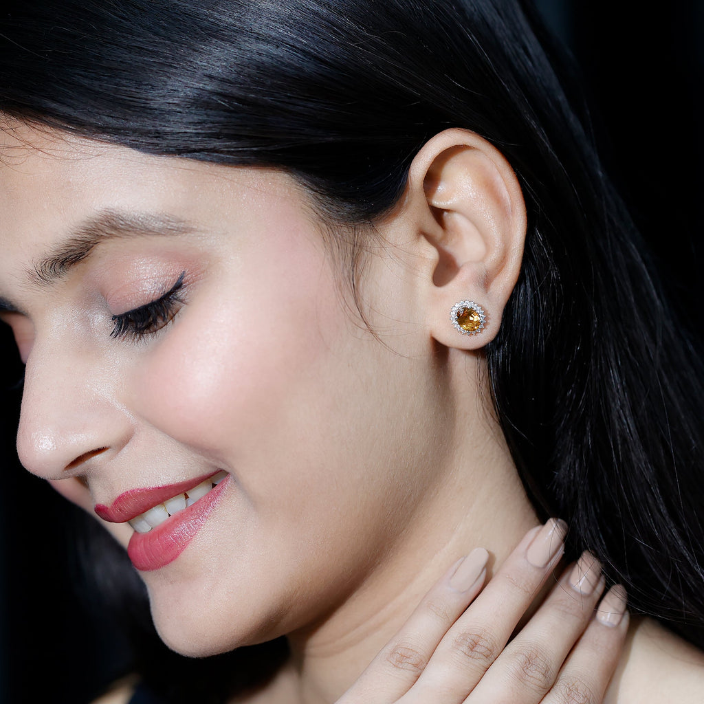 Citrine Stud Earrings – 2 Carat Oval Halo Stud Earrings in White Gold Plated Silver