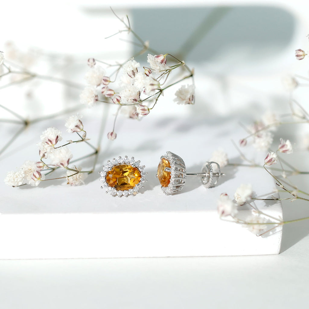 Citrine Stud Earrings – 2 Carat Oval Halo Stud Earrings in White Gold Plated Silver