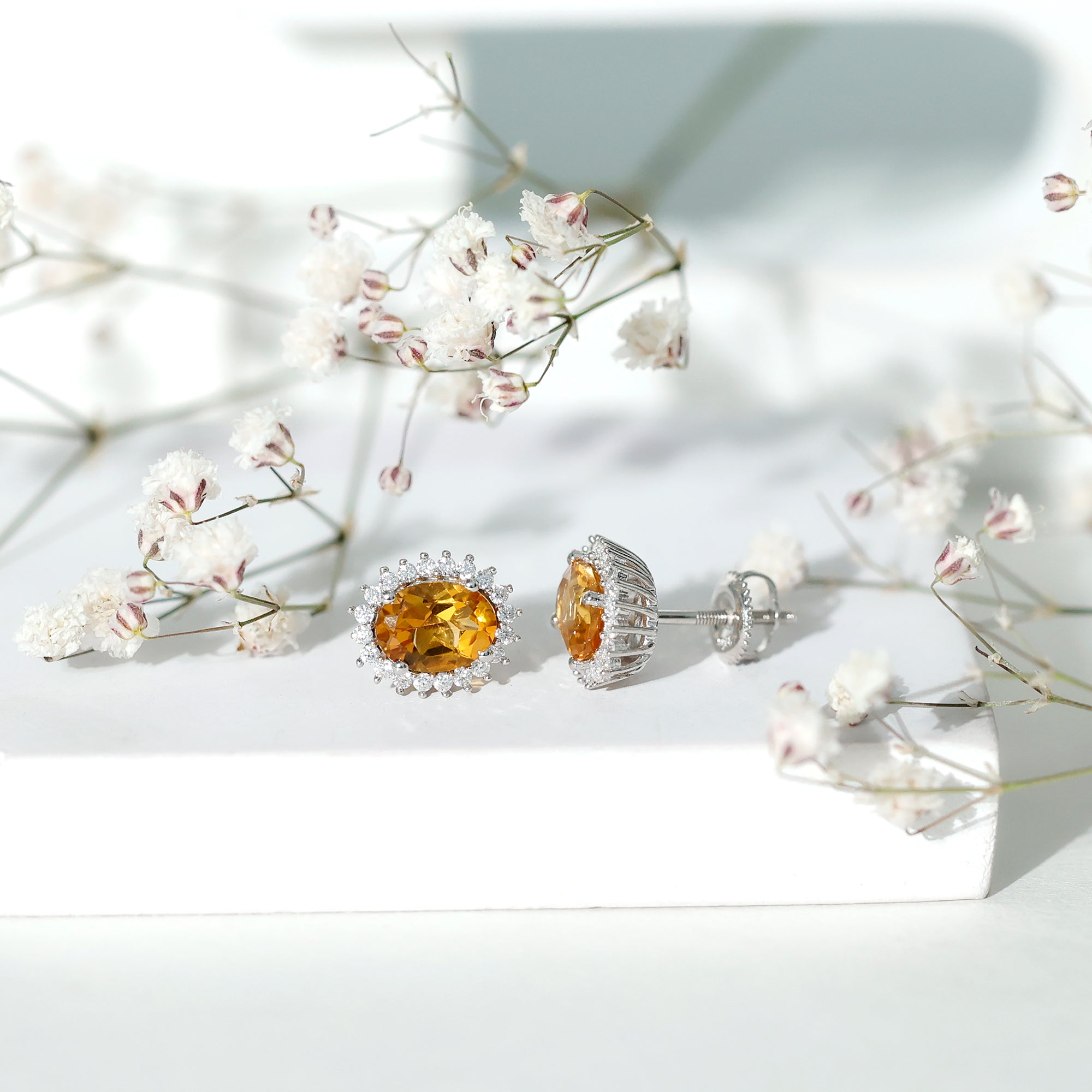 Citrine Stud Earrings – 2 Carat Oval Halo Stud Earrings in White Gold Plated Silver
