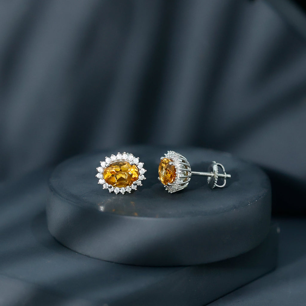 Citrine Stud Earrings – 2 Carat Oval Halo Stud Earrings in White Gold Plated Silver