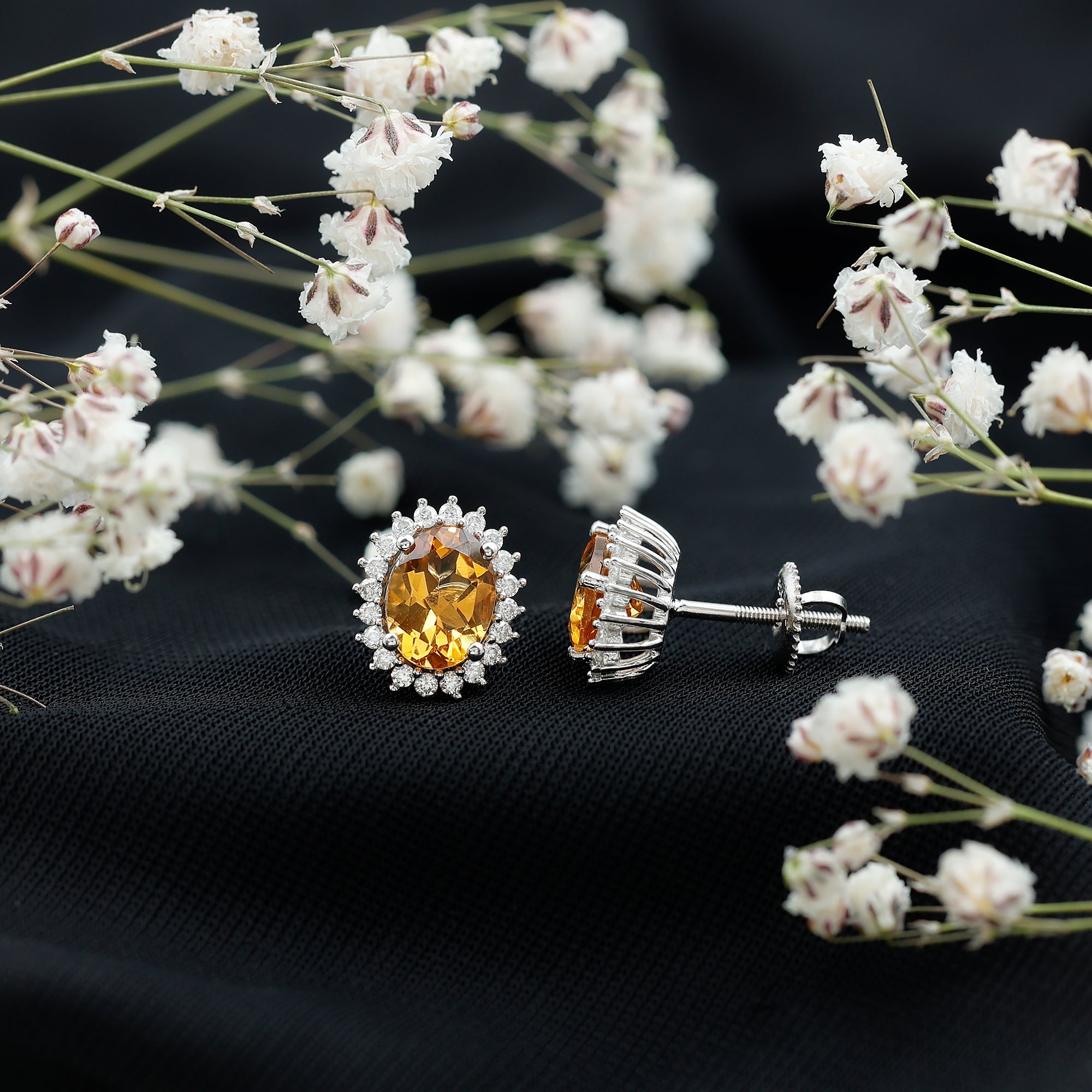 Citrine Stud Earrings – 2 Carat Oval Halo Stud Earrings in White Gold Plated Silver