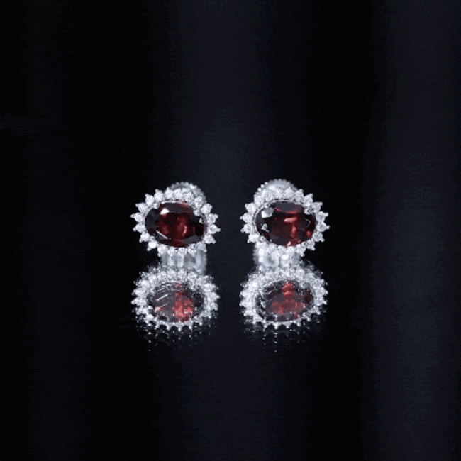 Garnet Stud Earrings - Oval Garnet Earrings with Moissanite Halo in Sterling Silver