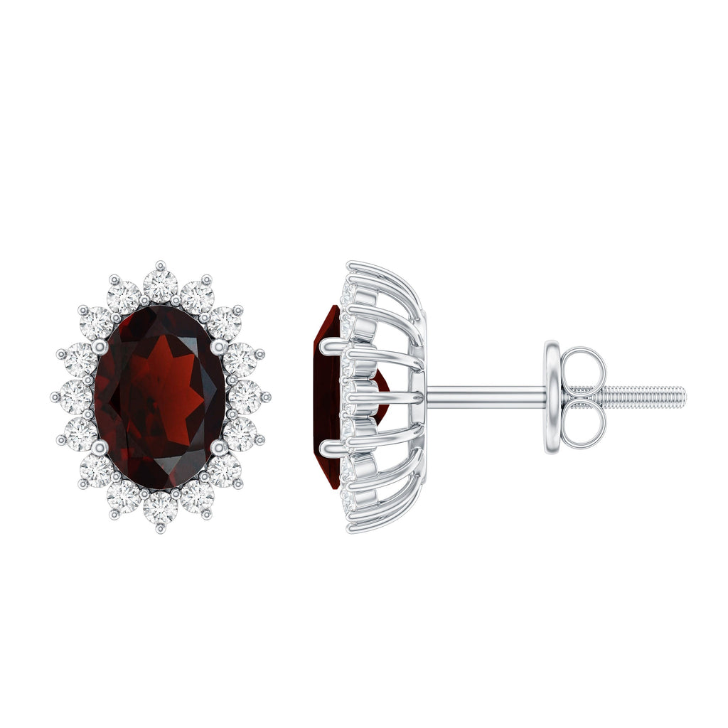 Garnet Stud Earrings - Oval Garnet Earrings with Moissanite Halo in Sterling Silver