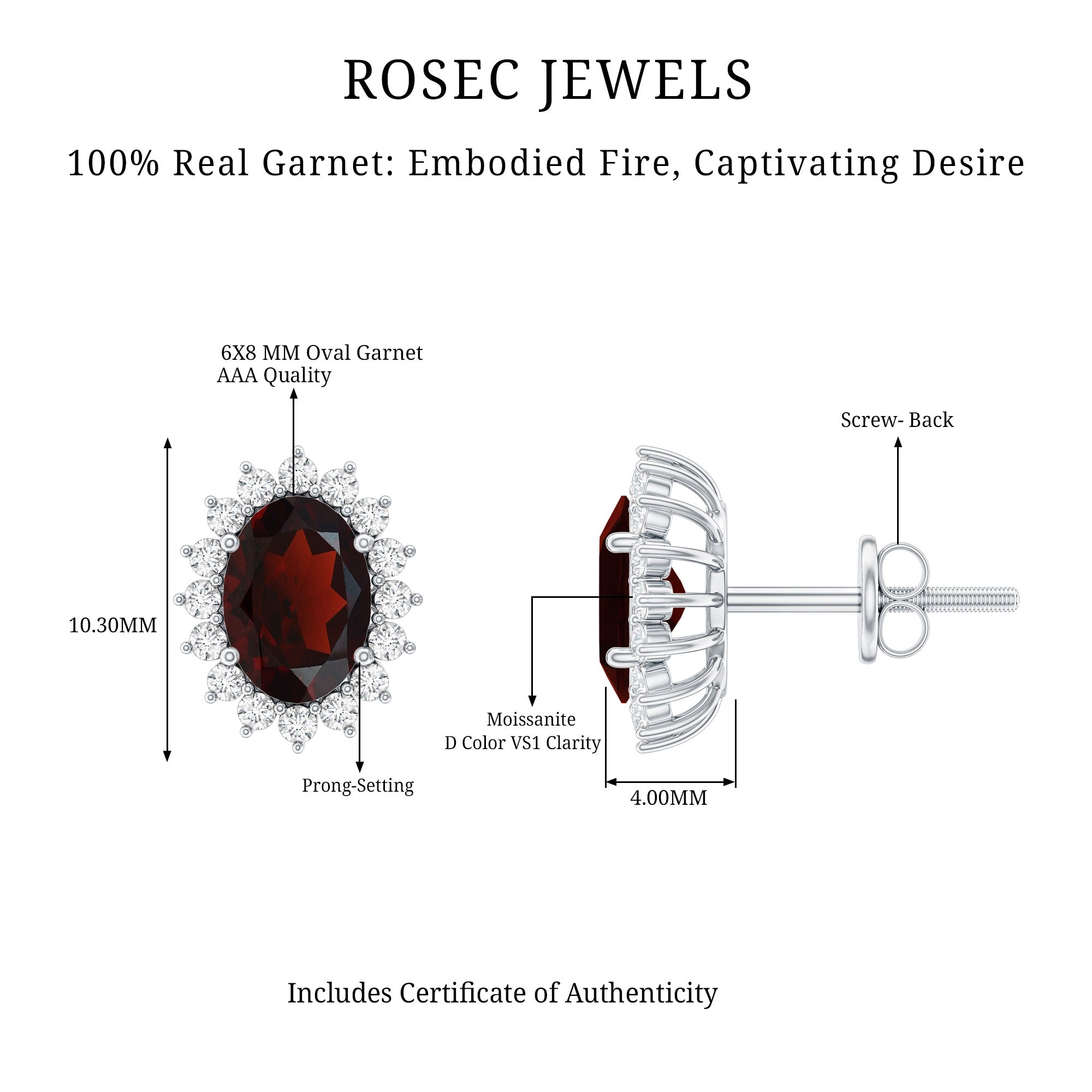 Garnet Stud Earrings - Oval Garnet Earrings with Moissanite Halo in Sterling Silver