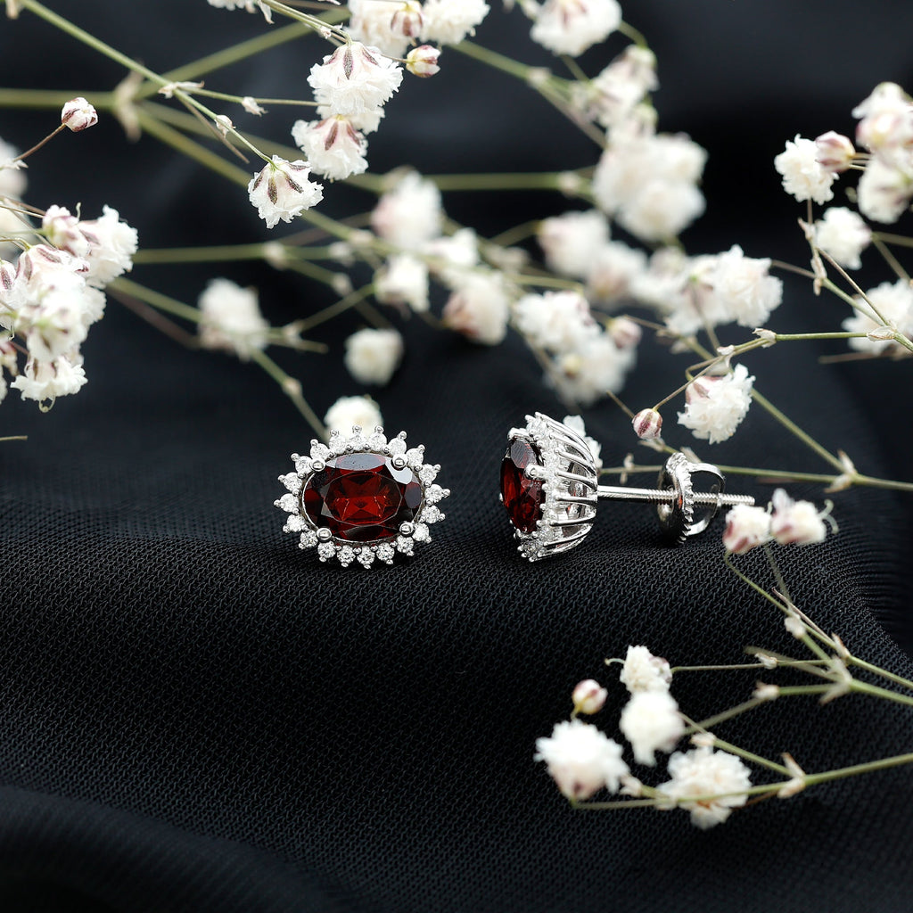 Garnet Stud Earrings - Oval Garnet Earrings with Moissanite Halo in Sterling Silver