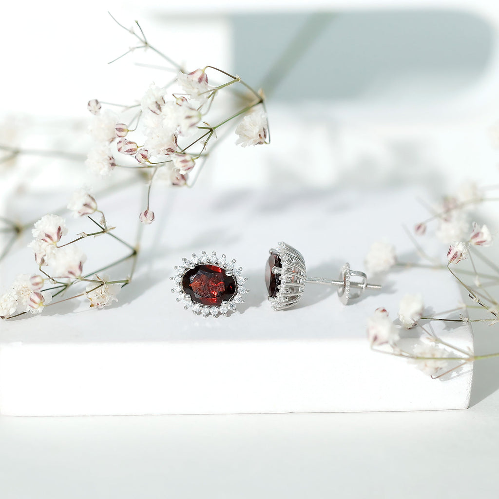 Garnet Stud Earrings - Oval Garnet Earrings with Moissanite Halo in Sterling Silver