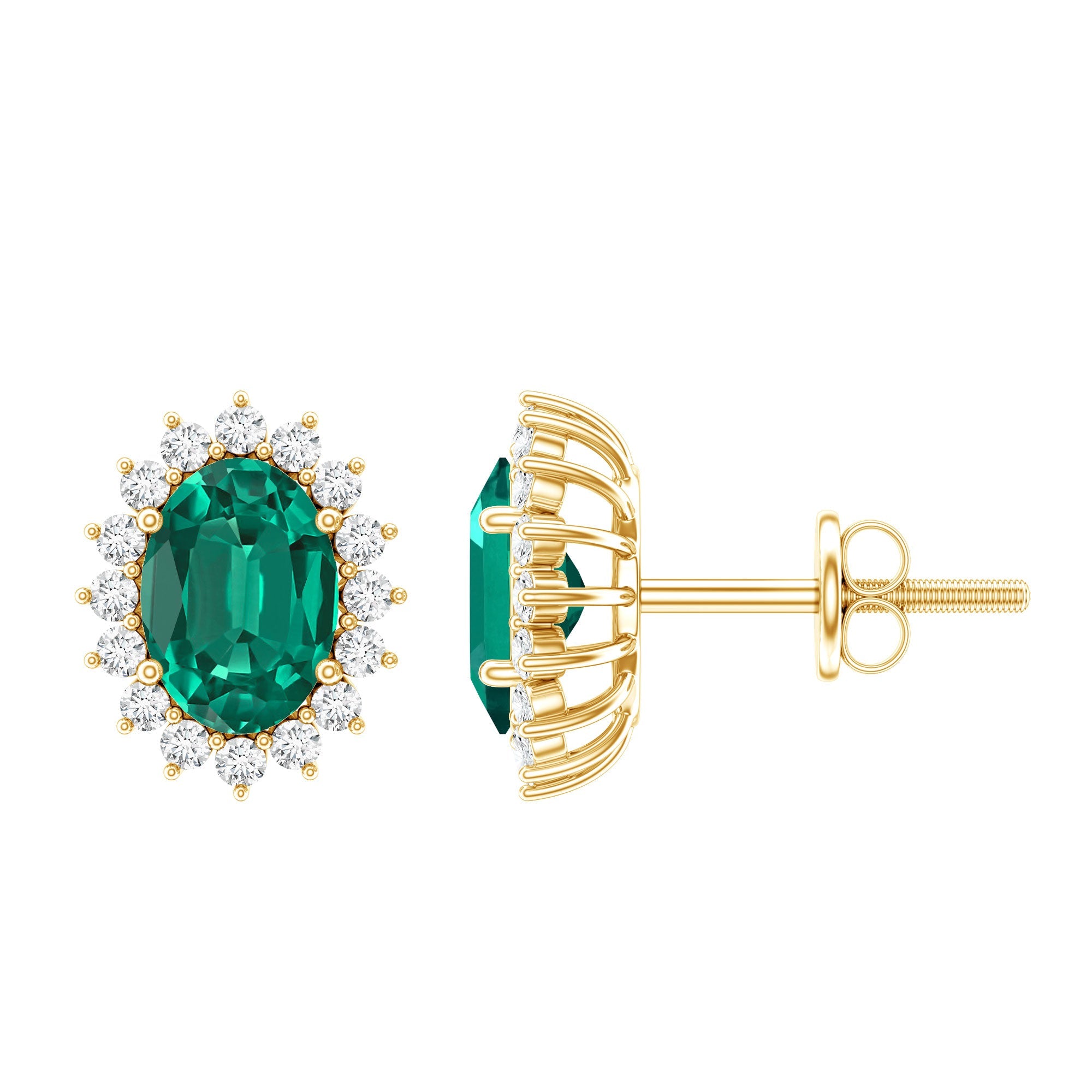 Emerald Stud Earrings – Lab Created Oval Stud Earrings With Moissanite Halo
