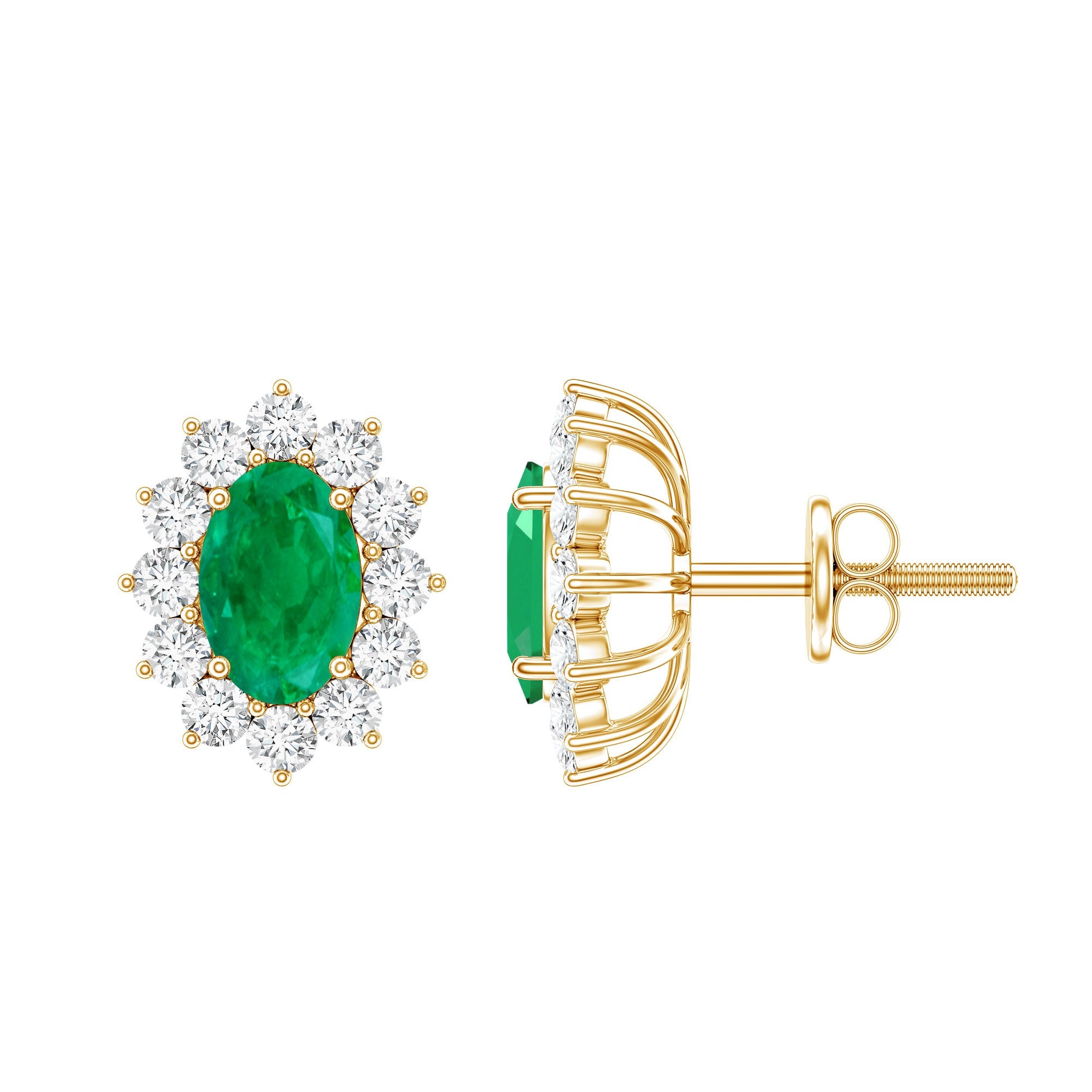 Emerald Stud Earrings – Oval Cut Earrings with Diamond Halo Studs | Gold Prong Setting