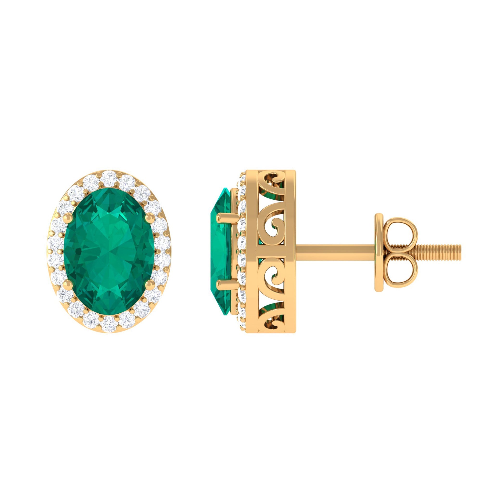 Emerald Halo Earrings – Oval Emerald Studs with Diamond Halo & Secure Screw Backs