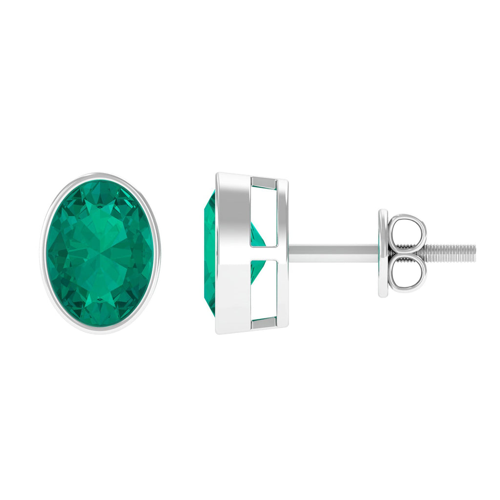 Emerald Stud Earrings - 1.4 Carat Oval Cut Bezel Set Solitaire Studs by Rosec Jewels