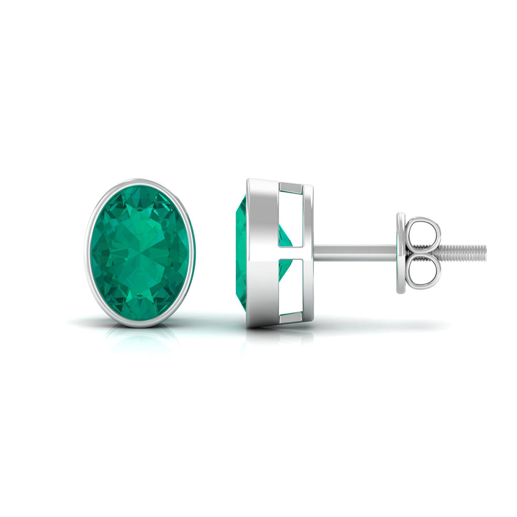 Emerald Stud Earrings - 1.4 Carat Oval Cut Bezel Set Solitaire Studs by Rosec Jewels