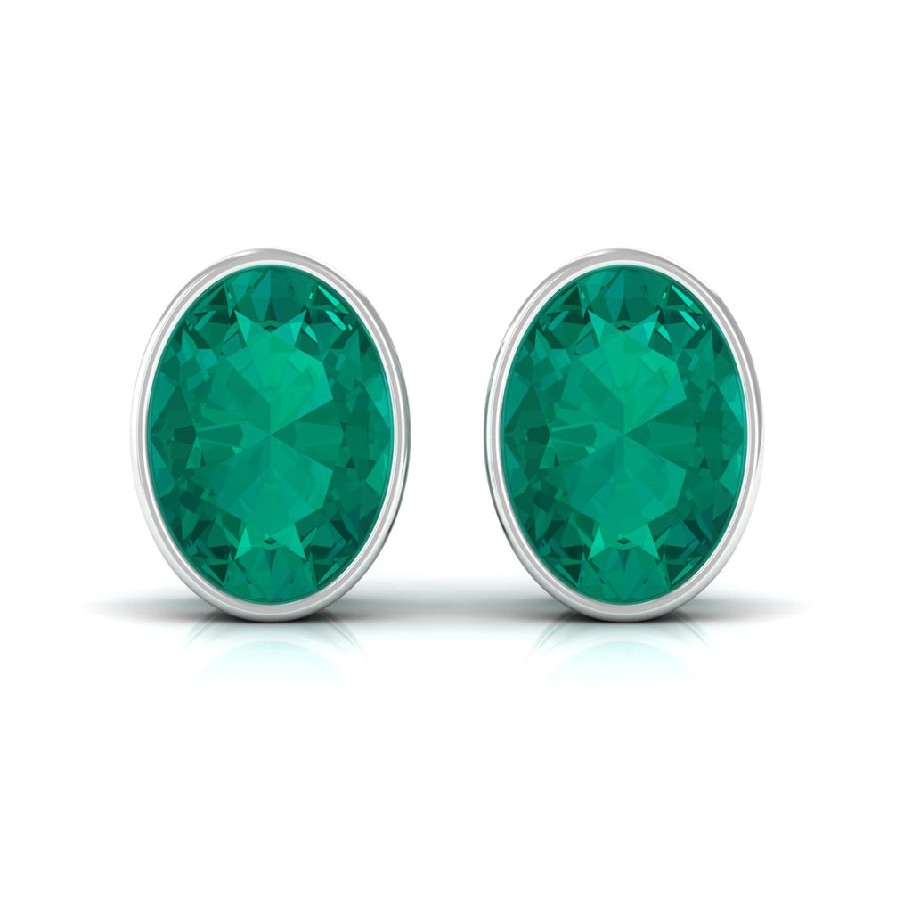 Emerald Stud Earrings - 1.4 Carat Oval Cut Bezel Set Solitaire Studs by Rosec Jewels