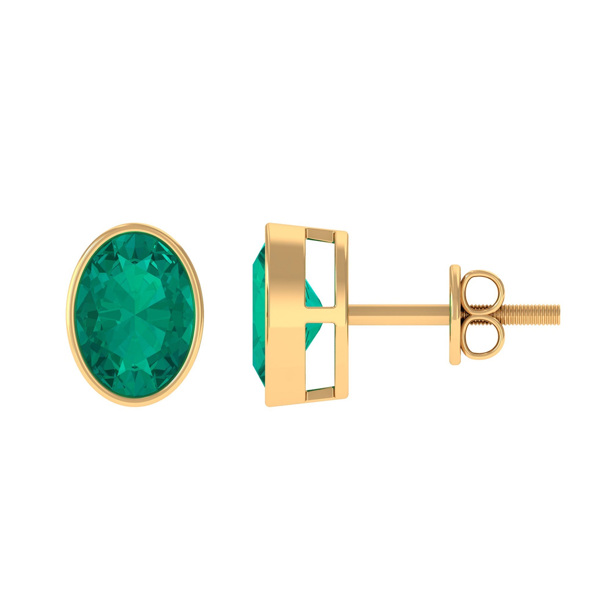 Emerald Stud Earrings - 1.4 Carat Oval Cut Bezel Set Solitaire Studs by Rosec Jewels
